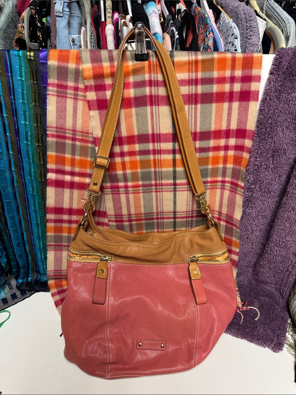 Luana Genuine Leather Two-Tone Melon Pink and Tan Shoulder Bag